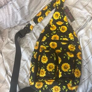SUNFLOWER Print Black Canvas Sling Backpack Crossbody Bag